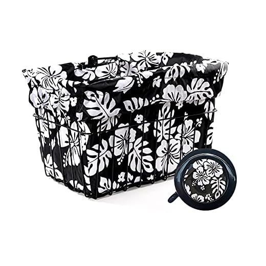 Cruiser Candy Bicycle Basket Liner & Tote in One, Stylish Bike Basket Cover, Yoga Bag,Gym Bag,Beach Bag. Matching Bicycle Bell Included, Bike Bell (Black White Hibiscus)