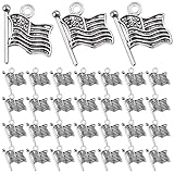 60 Pieces Antique Silver American Flag Charms Pendants Alloy Vintage Flag Dangle Charm Jewelry Making Accessories for DIY Necklace Bracelet Craft Supplies Findings