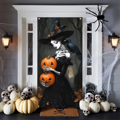 Image of BlissYard Halloween Door Cover Pumpkin Skeleton Witch 35 x 71 Inch