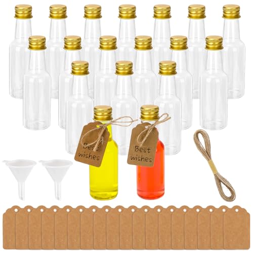 AILUYA Lot de 18 mini bouteilles de liqueur en plastique de 50 ml, petites bouteilles à remplir, avec 2 mini entonnoirs, 18 étiquettes en papier kraft et 5 m...