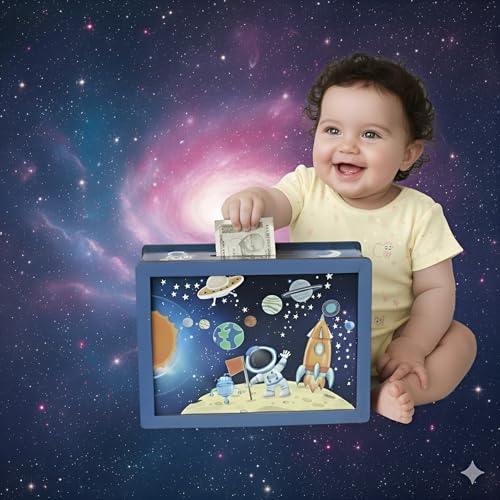 Image of DARSHANAM WORLD Space Theme Money Bank for Kids | Baby Learning Piggy Bank | Cartoon Astronaut Rocket Design Coin & Cash Saving Box | Educational Gift for Children (Galaxy)