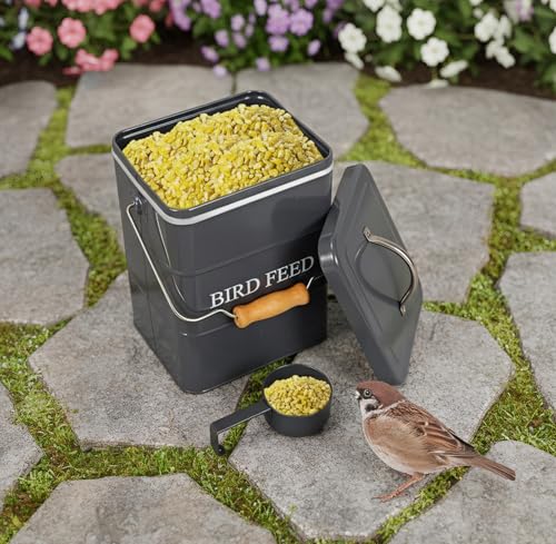 Bird Seed Storage Container Airtight,5~6LB Metal Bird Food Container with Scoop,Wild Birds Feed Tin for Storing Sunflower Seed-Ideal for Outdoor or Indoor-Squirrel proof-Gray