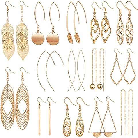 Aganippe 14 Pairs Gold Dangle Earrings for Women- Simple Drop Earrings Multipack-Curved Threader Dangle Earrings Set-Upside Down Hoop Earrings- Leaf Earrings Cover