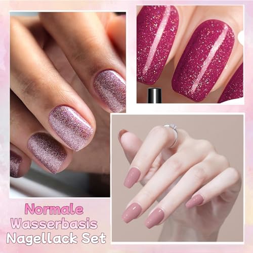 6 Farben Glitzer Rosa Nagellack Set, Normale Wasserbasis Gesunde Nagellack Set, Glänzende Schnelltrocknender Langanhaltender Nail Polish, Quick Dry Ohne UV Lampe für Frauen (Rosa, 8ML)