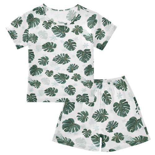 ALAZA Green White Leaves Pajama Set Short Sleeve Sleepwear Soft Lounge Nightwear