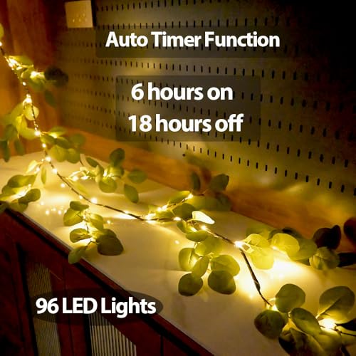 Image of 6.56FT Eucalyptus Garland with Lights 96 LEDs 8 Modes Battery Operated with Timer Faux Twig Vine Lights Spring Greenery Garlands for Mantle Fireplace Wall Table Stairs Wedding Party Bedroom Home Decor
