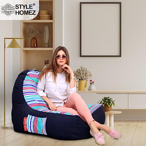 Image of Style Homez Urban Design Denim Canvas Stripes Printed Chair Bean Bag XXL Size Filled with Beans Fillers
