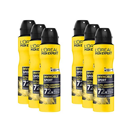 L'Oréal Men Expert Invincible Sport Déodorant anti-transpirant en spray avec protection contre le séchage 72 H, Lot de 6 (6x150 ml)