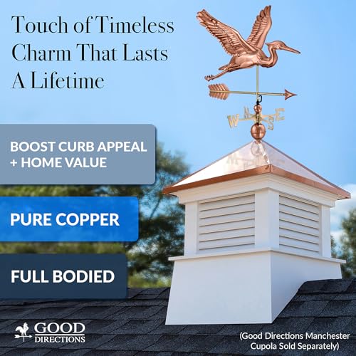 Good Directions Polished Copper Heron Weathervane – Decorative Rooftop Accent for Barns, Homes, Sheds, and Cupolas – Durable & Handcrafted