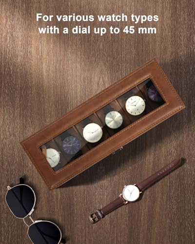 Image of Uten 6 Slots Watch Box, PU Leather Watch Case with Glass Lid, Watch Holder Organizer with Soft Pillow and Velvet Lining, Watch and Jewelry Storage Box, Brown