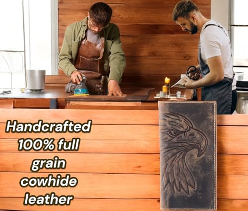 Image of F&L CLASSIC Men's RFID Vintage Look Genuine Leather Long Bifold Wallet Checkbook Wallets,brown eagle head,240-102