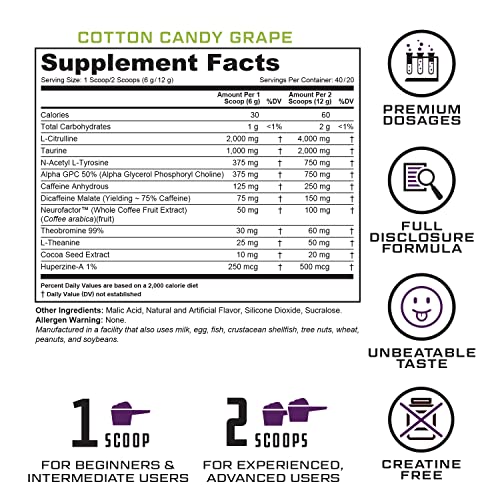 Image of Prevail Pre Workout Powder with Nootropics: Pre Workout for Men and Women, Cutting Edge Energy and Focus Supplement with L Citrulline, Alpha GPC, L Tyrosine | Cotton Candy Grape, 40 Scoops