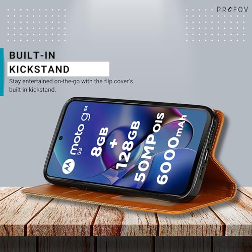 Image of Moto G54 5G Versatile Flip Cover Wallet | Kickstand Function & Multiple Card Slots | Modern Denim & Vegan Leather Case Back Flip for Moto G54 5G | Light Brown