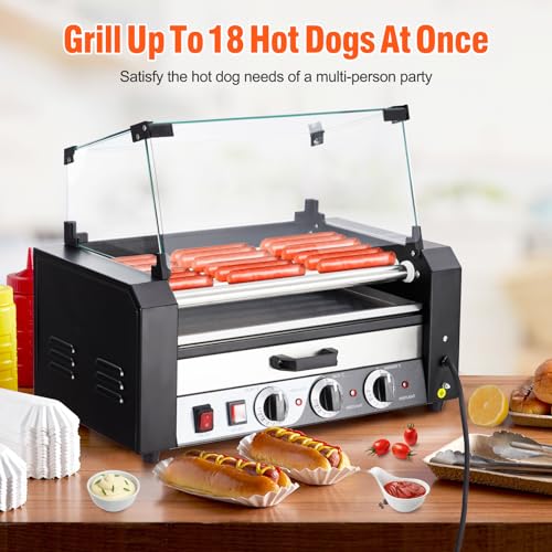 Hot Dog Roller, 7 Rollers 18 Hot Dogs Capacity 1350W Stainless Sausage Grill Cooker Machine with Removable Oil Drip Tray Dual Temp Control and Glass Hood Cover, Perfect for Commercial and Party