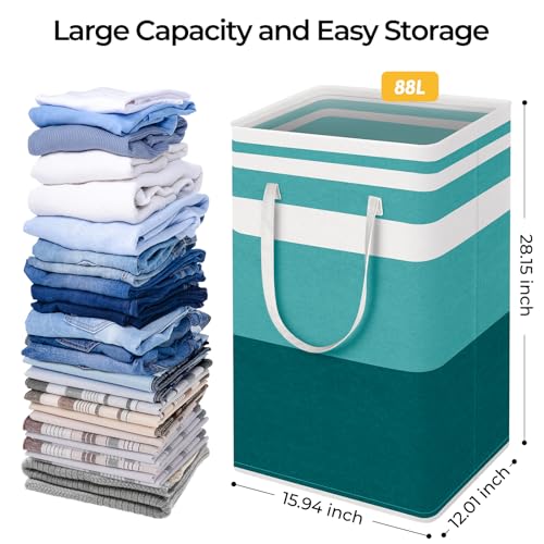 HomeHacks 2-Pack Large Laundry Basket, Waterproof, Freestanding Laundry Hamper, Collapsible Tall Clothes Hamper with Extended Handles for Clothes Toys in the Dorm and Family (Green, 88L)