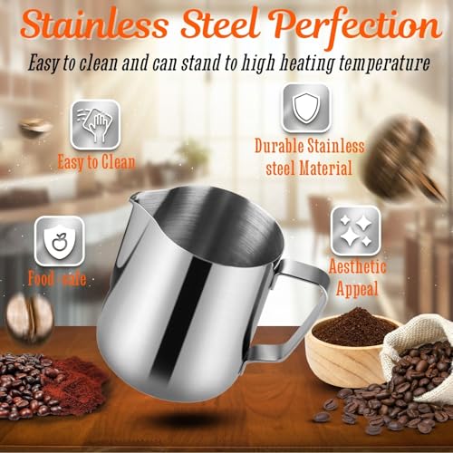 Image of Flexzion Stainless Steel Milk Frothing Pitcher - Milk Boiler Cup Jug Creamer Accessories Suitable for Barista, Espresso Machines, Cappuccino Coffee, Milk Frother, Latte Art 12 oz (350 ml)