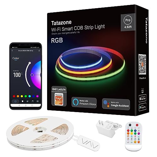 Tatazone 840leds/m Smart RGB COB Led Strip Lights, 4.92ft WiFi COB Light Strip Work with Alexa and Google, Color Changing Music Sync, Indoor COB Strip Lights with Remote for TV, Party, Kitchen Tatazone 840leds/m Smart RGB COB Led Strip Lights, 4.92ft WiFi COB Light Strip Work with Alexa and Google, Color Changing Music Sync, Indoor COB Strip Lights with Remote for TV, Party, Kitchen