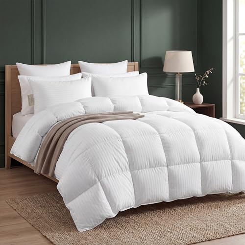 Image of Elegant Comfort 3-Piece Stripe Cotton Comforter Set - 100% Egyptian Cotton Premium Hotel Quality - Box Stitched, All Season Down Alternative Duvet Insert with Corner Tabs, Queen, White