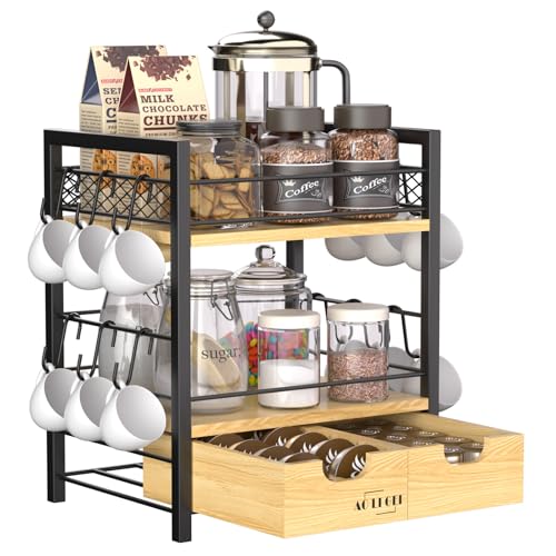 AO LI GEI Coffee Bar Organizer Countertop Station Shelf, 3 Tier Coffee Pod Mug Cup Holder with Drawer Accessories Organizer Rack with 12 Hooks for Multifunctional Shelf Kitchen Condiment Storage