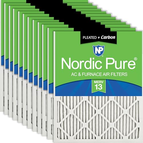 Image of Nordic Pure 10x20x1 Pleated Pleated MERV 13 Plus Carbon Air Filters 12 Pack | Actual Size: 9 1 /2 x 19 1 /2 x 3 /4 Made in USA, Advanced HVAC Furnace Filtration, Pet & Household Odor Control