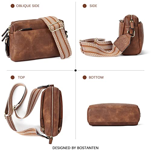 Bostanten Small Crossbody Purse For Women Triple Zip Cell Phone Leather Shoulder Handbag With Wide Guitar Strap Brown #TOP5