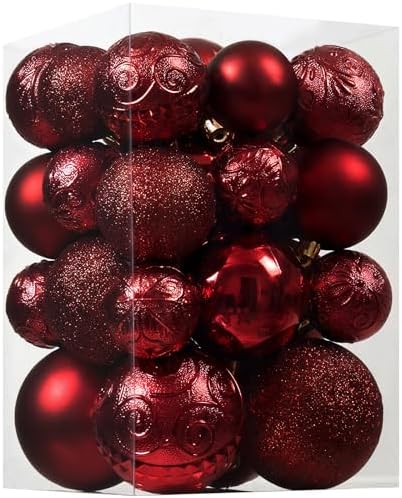 Christmas Ball Ornaments - 30pcs Shatterproof Christmas Ornaments Set Plastic Hanging Christmas Decorations for Xmas Tree Holiday Party Decor, 6 Styles in 4 Sizes (Burgundy)