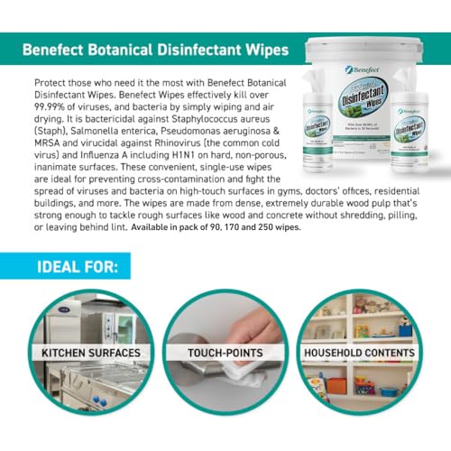 Benefect Botanical Disinfecting Wipes - (250 Wipe Count) Natural, No Residue - Antibacterial Disinfectant, Multi-Surface Cleaning and Sanitizing Wipes