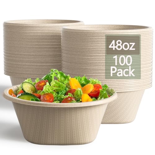 Homestockplus 48 Oz Natural Disposable Paper Bowls [100 Pack] - Heavy Duty, Eco-Friendly Compostable Salad Bowls for Organic Food, Farm to Table, Salad, BPA-Free, Microwave Safe (Unbleached)