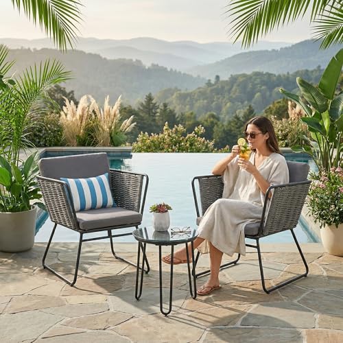 Image of BRISHI Garden Patio Seating Chair and Table Set Outdoor Balcony Garden Coffee Table Set Furniture with 1 Table and 2 Chairs Set with Cushion Braid & Rope (Dark Grey)