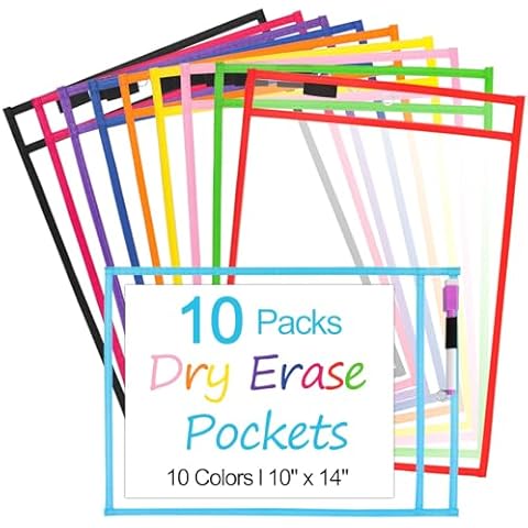 10 Pack Dry Erase Pockets,Oversized Reusable Dry Erase Pocket Sleeves,10 x 14 in Sheet Protectors Ticket Holders,Plastic Sheet Page Protectors,Classroom Must Haves,Teacher Supplies Dry Erase Sleeves Cover