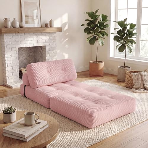 Image of COSTWAY Folding Sofa Bed with Pillow, Convertible Couch (Pink) | with Backrest & Fixing Straps, Boneless Convertible Sleeper Chair for Adults, Guest Use, Living Room