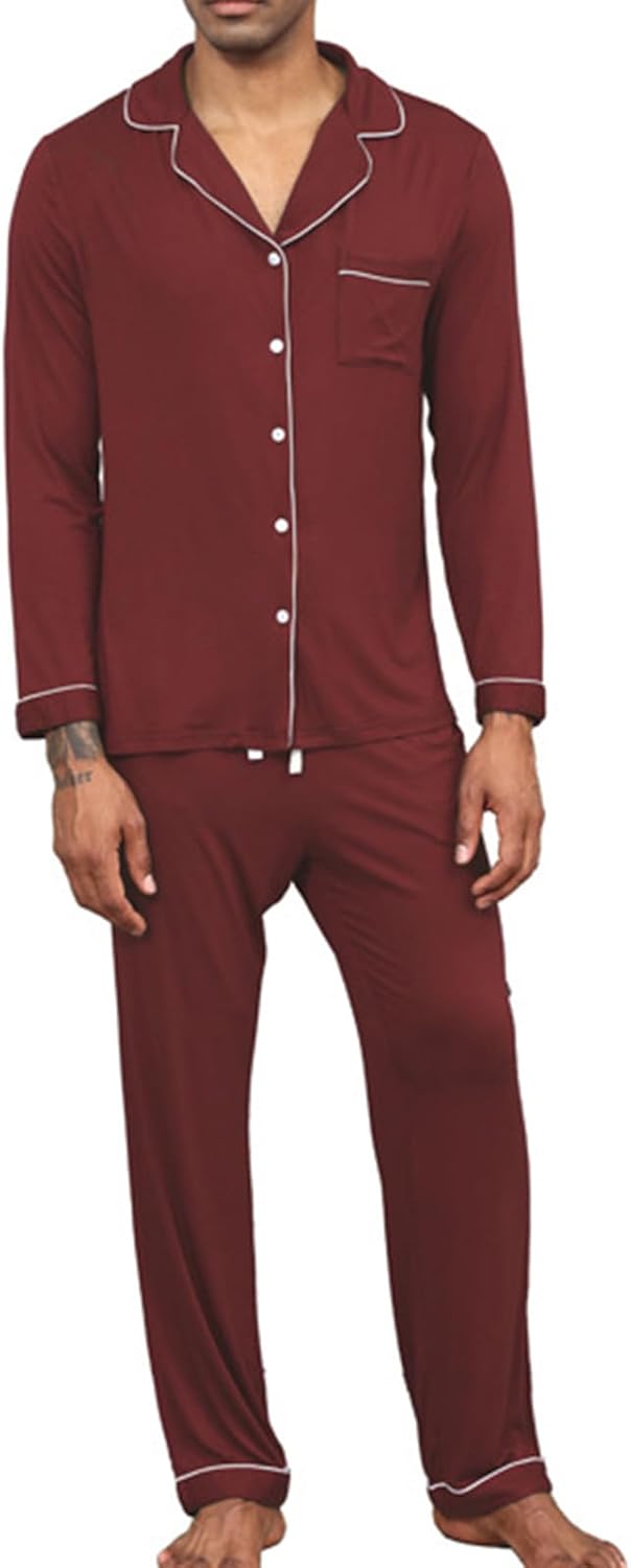 Pajamas for Men Cotton 2 Pieces Nightwear Turn-Down Collar Long Sleeve and Pants Sleepwear Button Pj Lounge Set