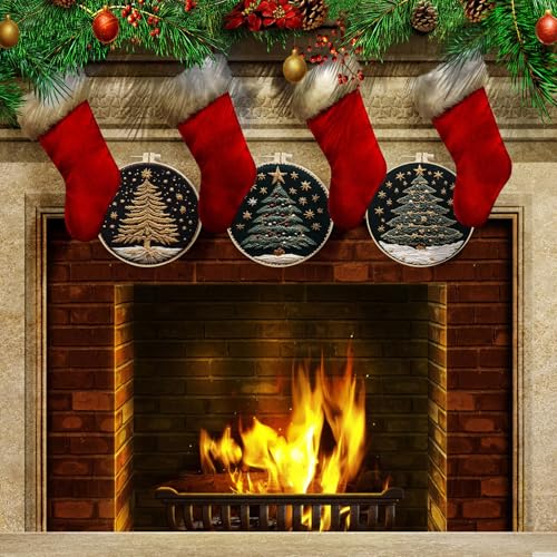 Image of EOBTAIN 3 Pcs Merry Christmas Embroidery Kit for Beginners,Green Gold Christmas Tree Embroidery Starter Kit Xmas Winter Snow Stamped Patterns with Hoop,Thread,Needles,Hand DIY Craft Kits for Adults