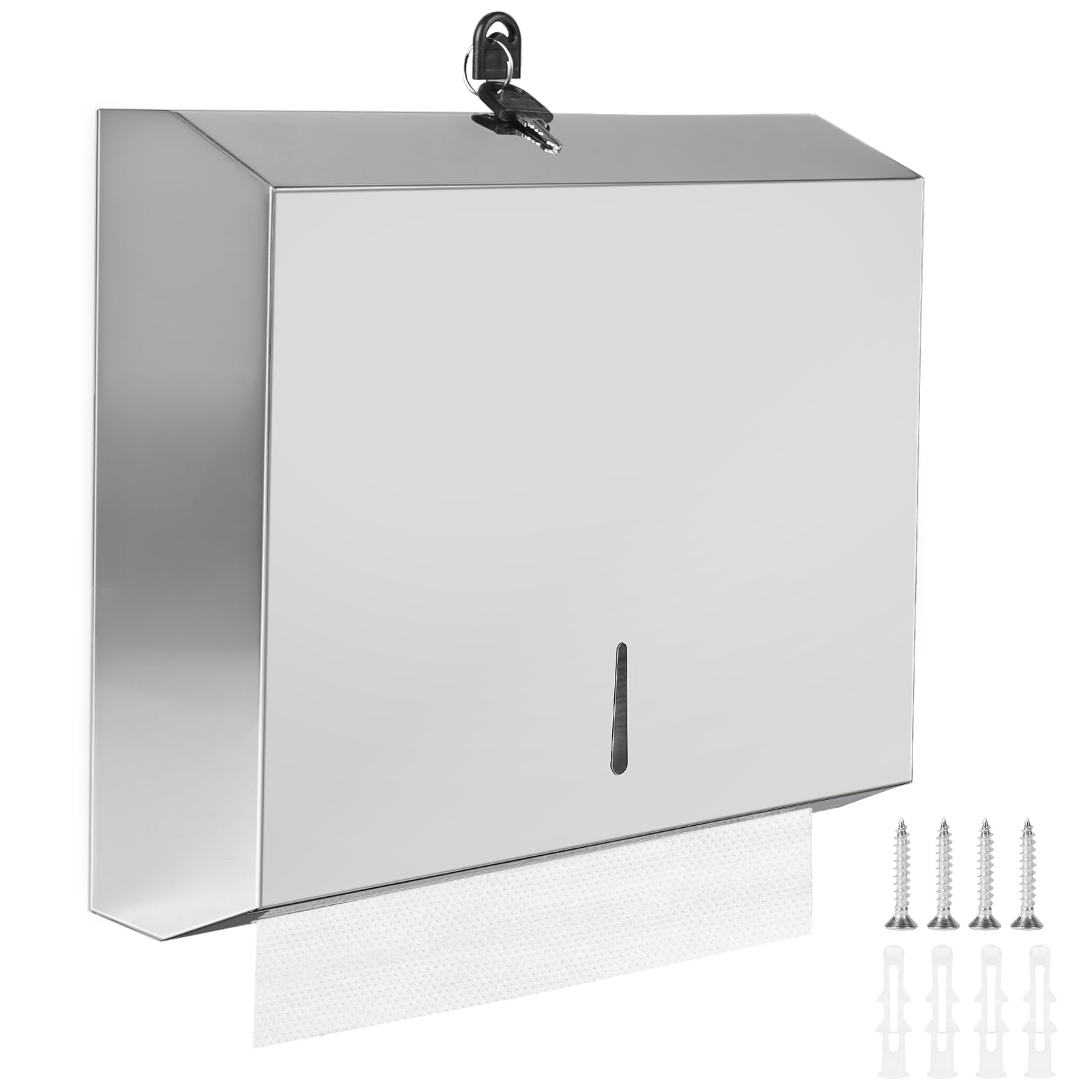 Towviy Papieren handdoekdispenser, roestvrij stalen handdoekdispenser, papieren handdoeken, afsluitbaar, vouwdoekdispenser, zilver, handdoekhouder voor hotel, winkelcentrum, kantoor, toilet (200-400 vellen