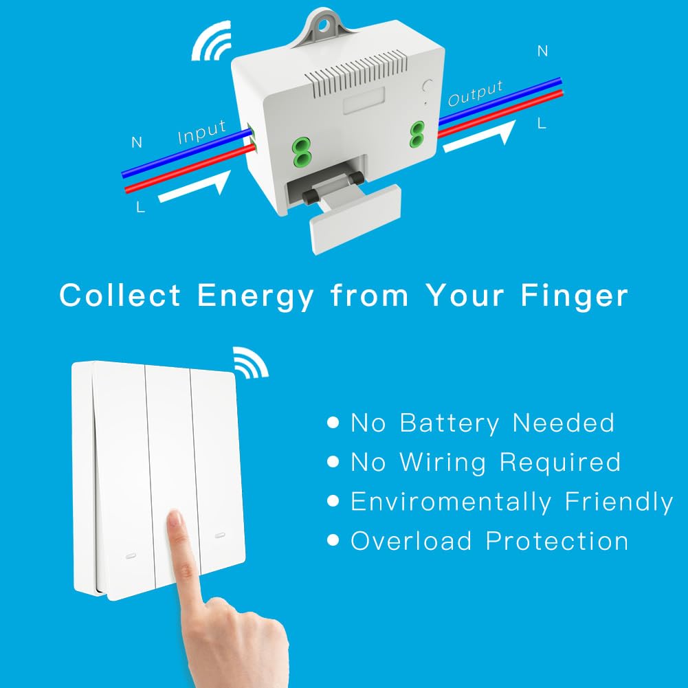Interruptor Inalámbrico, Receptor Transmisor RF, Luz Punto De Instalación Sin Romper La Pared, 220V 10A Max 2200W, Interruptor Inalámbrico Sin Baterías (3 Receptores + 1 Interruptor con 3 Botones)