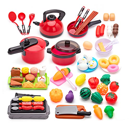 Utensilios de Cocina Accesorios Juguetes Niños con Comida para Cortar, Ollas y Sartenes,...