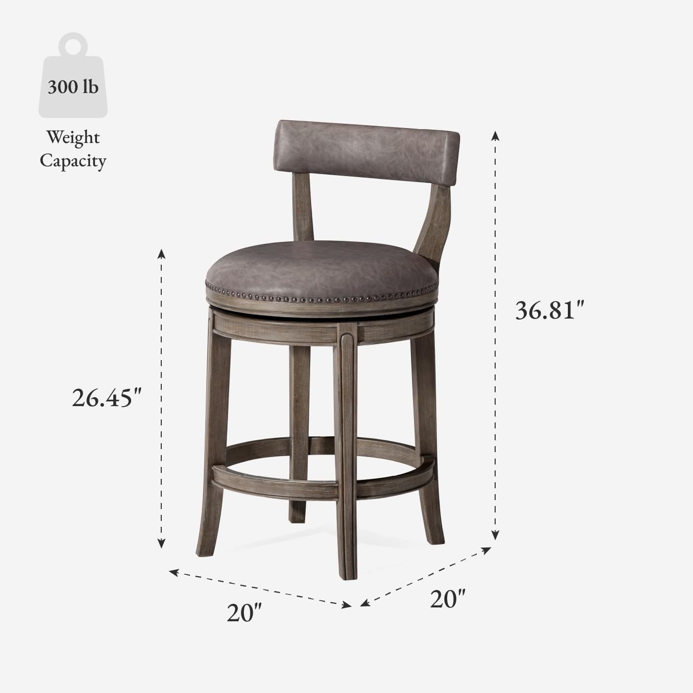 Maven Lane Alexander Counter Stool 26 Inches – Swivel Stool with Footrest – Grey Solid Wood and Grey Faux Leather Upholstery – Perfect for Kitchen Island and Counter