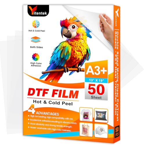 Yitentek A3+ DTF Transfer Film 13 x 19 Double Sided Matte PreTreat Heat Transfer PET Sheets for DTF Inkjet Printer DTF Paper Direct Print on T-Shirts Textile Hot & Cold Peel 50 Sheets