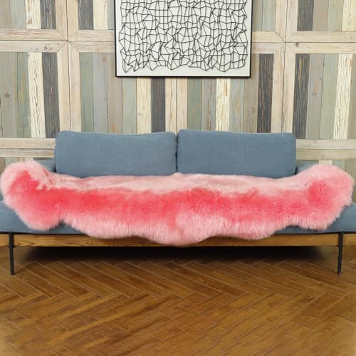 Premium Genuine Fur Sheepskin Rug Real Australia Sheepskin Natural Luxury Fluffy Lambskin Fur Area Rug Seat Covers for Kids Bedroom Sofa Chair Cover (Pink, Double Pelt/2ft x 6ft)