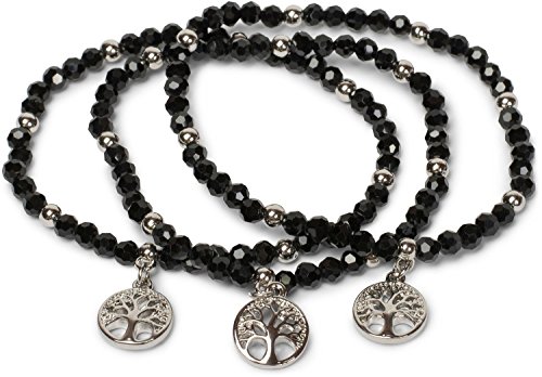 Preisvergleich Produktbild styleBREAKER 3er Set Perlen Armband mit Lebensbaum Charm Anhänger, Gummizug, Kugelarmband, Schmuck, Damen 05040138, Farbe:Schwarz