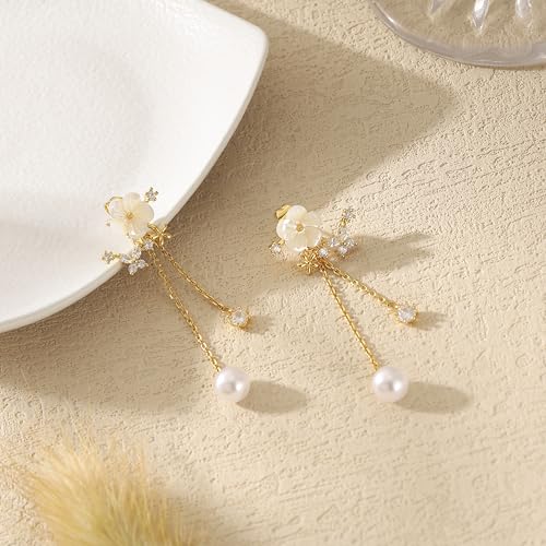 Dangle Pearl Drop Earrings For Women Trendy Long Threader Chain Dainty Flower Wedding Earrings For Brides CZ Cute 14K Gold Statement Sparkly Jewelry3