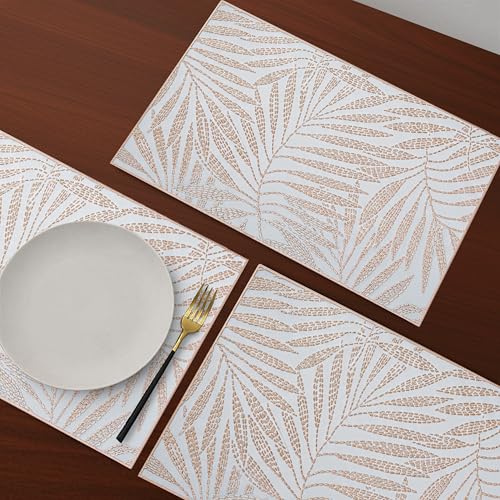 Image of Yellow Weaves 6 Pcs PVC Table Placemats, Dining Table Mat, Stain Resistant, Anti-Skid, Waterproof, Washable, Dining, Kitchen, Restaurant Table Set Easy to Clean, Durable (Fern Leaf Rose Gold)