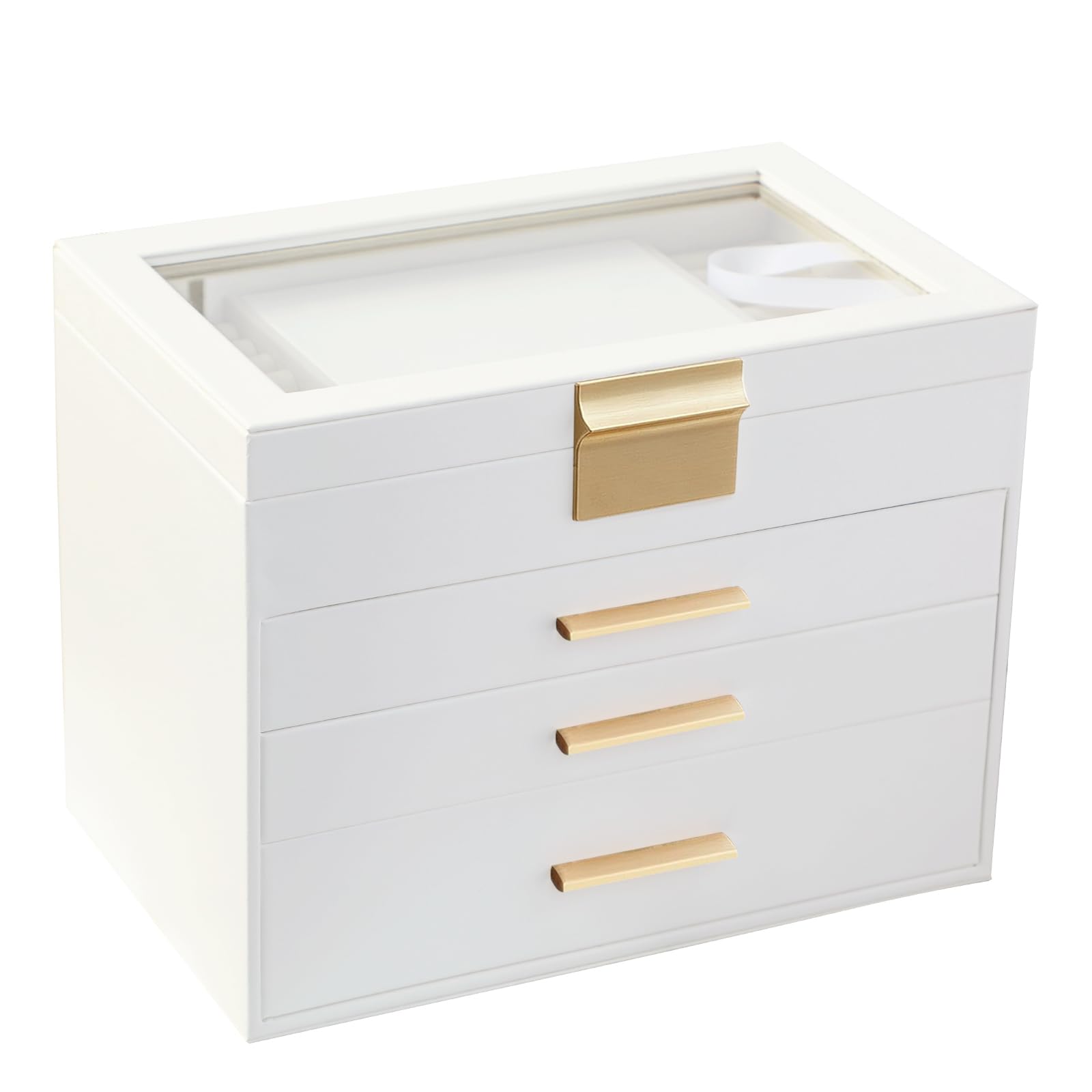 BOOVO Jewelry Boxes for Women, White and Black 4 Layer Large Jewelry Box for Necklace, Bracelet, Earrings, Rings Storage, Jewelry holder Organizer for Girls Gift (Clear White, 4 layer)