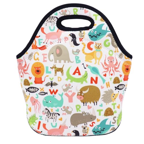 Neoprene Lunch Bag for Kids, Insulated Lunch Box Tote for Women Men Adult Teens Boys Teenage Girls Toddlers (Alphabet Animals)