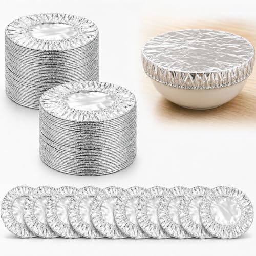 50Pcs Stretchy Aluminum Foil Food Covers for Food Reusable Premium Pop Up Foil Food Covers Universal Kitchen Heat Shield Lids for Bowls Plates Storage Containers Adjustable Food Storage