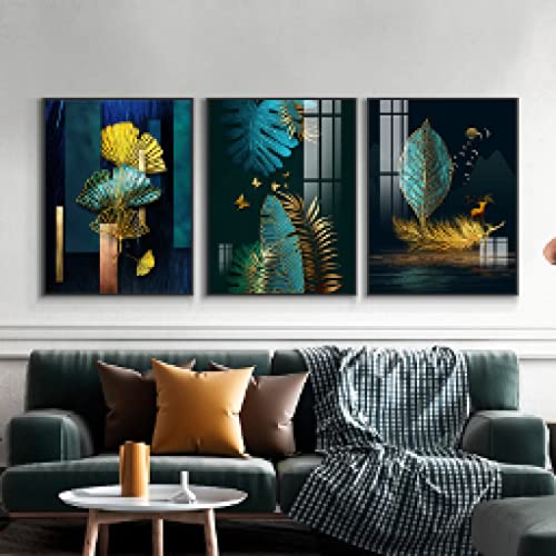 Toile peinture abstraite emotion artistique feuille dore de decoration moderne triptyque