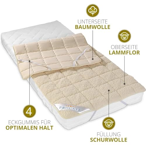 PROCAVE weiches Unterbett mit Lammflor und Schurwolle, hochwertige Matratzen-Topper, Matratzen-Schoner mit 4 Eckgummis, Matratzen-Auflage 160x220 cm