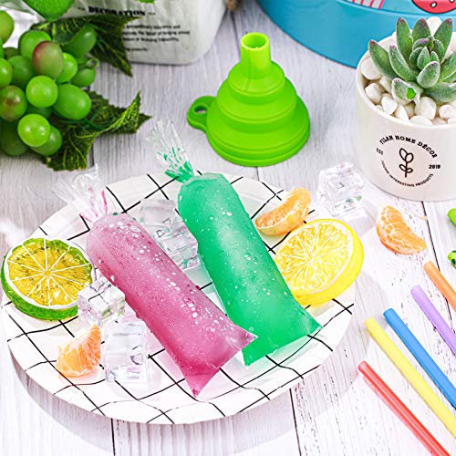 Image of Patelai 200 Pcs Ice Pop Bag 2 x 8 in with Funnel Popsicle Freeze Mold | Silicone Foldable Funnel Included, No Spill Fill, Ice Candy Yogurt Bolis Charamuscas, Clear Seal Pouch