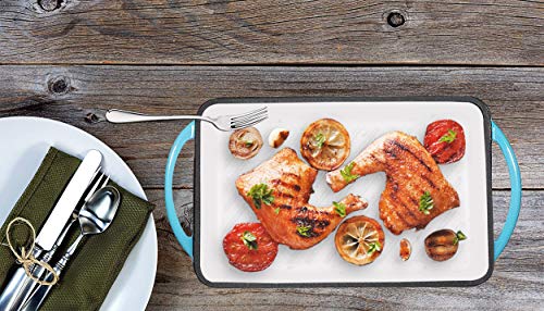 Enameled Cast-Iron Rectangular Grill Pan With Ridges, Oven Safe, Non-Stick Coating, Loop Handles, 9.5" X 13.5", Enameled Blue #TOP7