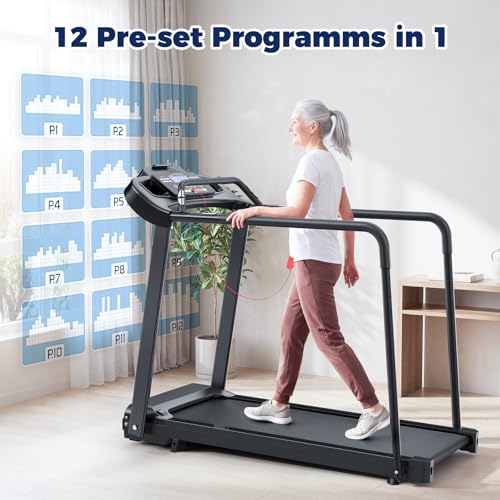 Image of Treadmills for Home with Long Handles for Balance, Joint-Friendly Shock Absorption, Smart APP & Heart Rate Monitor,